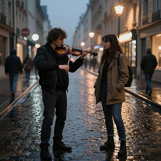 Street Violinist Performing on Rainy Paris Street at Night