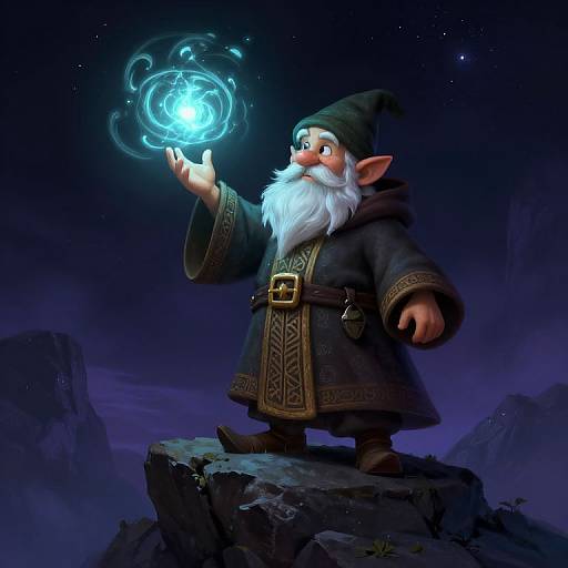 CGI illustration of a chubby, red-nosed wizard with a white beard and green hat, casting a glowing blue magic spell on a rocky cliff under