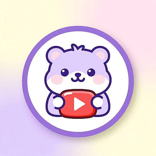 Cute digital illustration of a chibi-style white bear holding a red play button with a white triangle, inside a circular purple outline.