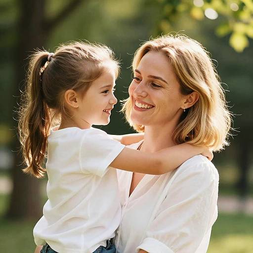Photograph of a smiling blonde woman in a white blouse, hugging a young girl with brown hair in a ponytail, both wearing white shirts,