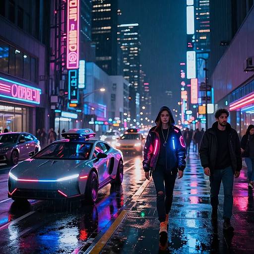 Neon-lit, rainy urban night scene photograph featuring a woman in a neon jacket and a man in a leather jacket walking beside a glowing, futuristic