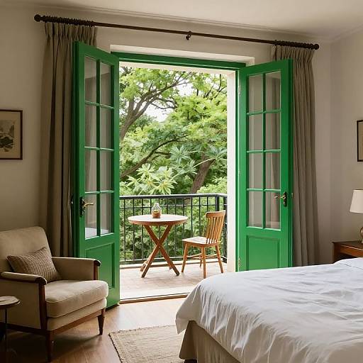 Cozy Master Bedroom with Green French Doors