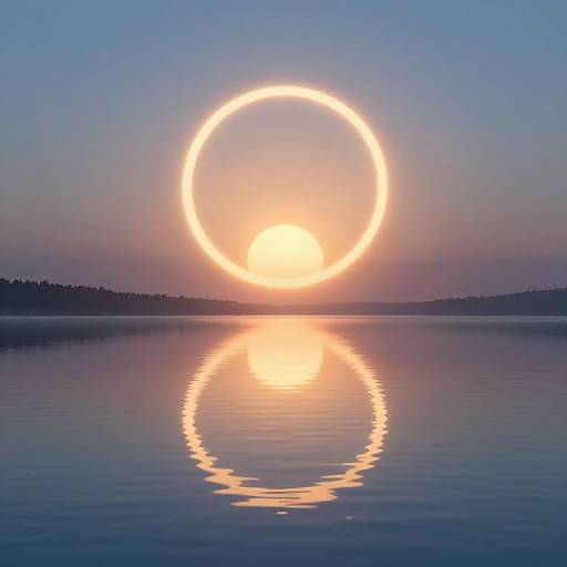 Photograph of a glowing, circular sun-like light hovering above a calm, reflective lake at sunset, with a silhouetted tree line in the