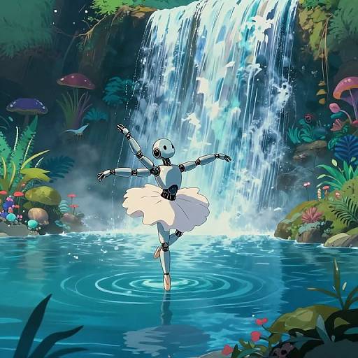 Digital art of a robotic ballerina in a white tutu dancing in a vibrant, lush forest pond with a cascading waterfall.