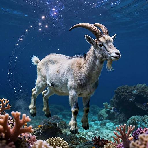 Photograph of a white and brown goat with curved horns swimming underwater among colorful coral reefs, surrounded by sparkling stars.
