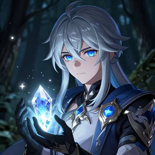 Digital anime-style illustration of a silver-haired, blue-eyed male character with glowing crystal in dark forest, wearing blue and black armor.
