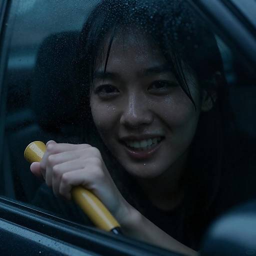 Moody Portrait of Woman Holding Yellow Object in Rainy Car