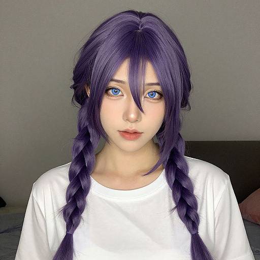 Photograph of an anime-style girl with long, dark purple braided hair, blue eyes, fair skin, wearing a plain white shirt, against a