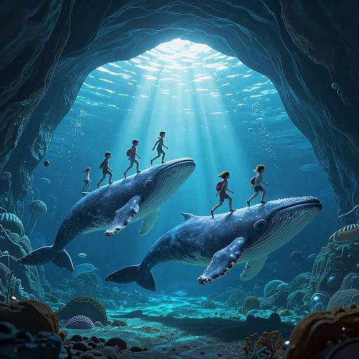 Children Riding Majestic Whales Underwater