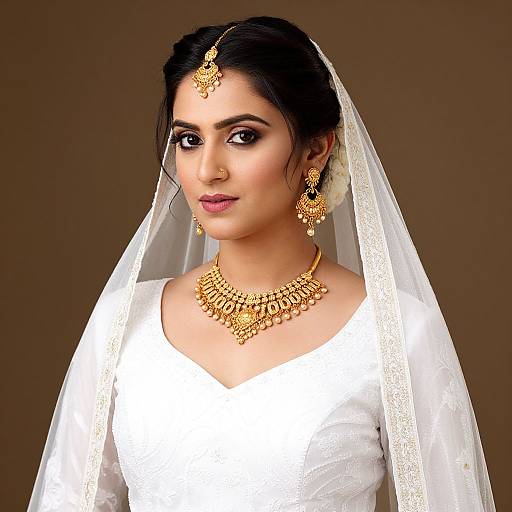 Photograph of a South Asian bride with dark hair, wearing a white wedding dress, gold jewelry, and a white veil, against a brown background.