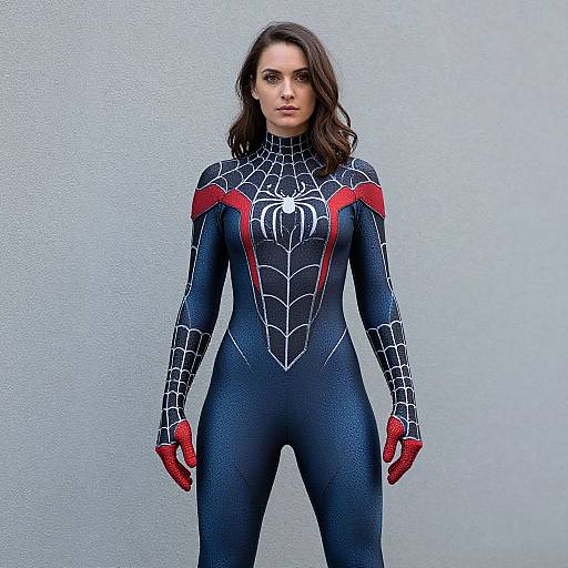 Photograph of a woman with wavy brown hair in a black Spider-Man suit with red web patterns and gloves, standing against a plain white wall.