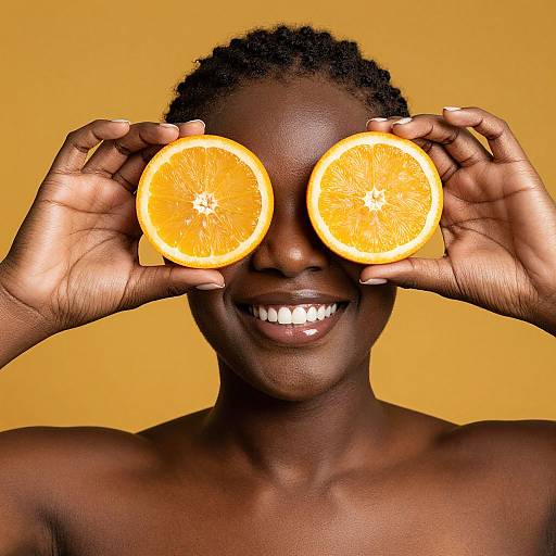 Photograph of smiling Black man with short curly hair, topless, holding two orange slices over eyes, bright yellow background.