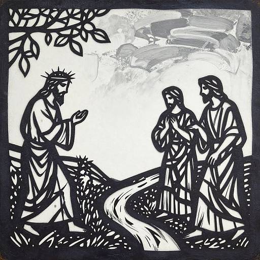 Black-and-white woodcut illustration of three figures, one with a crown, standing on a path, facing a seated figure holding hands. Leafy branches