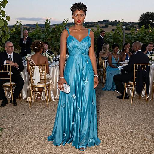 Photograph of a Black woman in a floor-length, sky-blue, floral-embellished gown, holding a silver clutch, standing at an outdoor