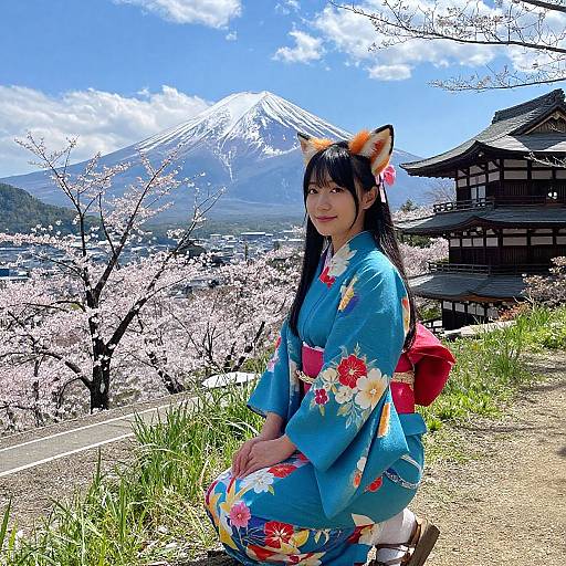 East Asian Woman in Kimono by Mount Fuji