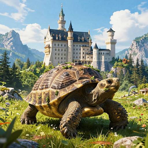 CGI image of a large, detailed tortoise with greenery on its shell in a vibrant, sunny meadow with a grand, castle-like tower
