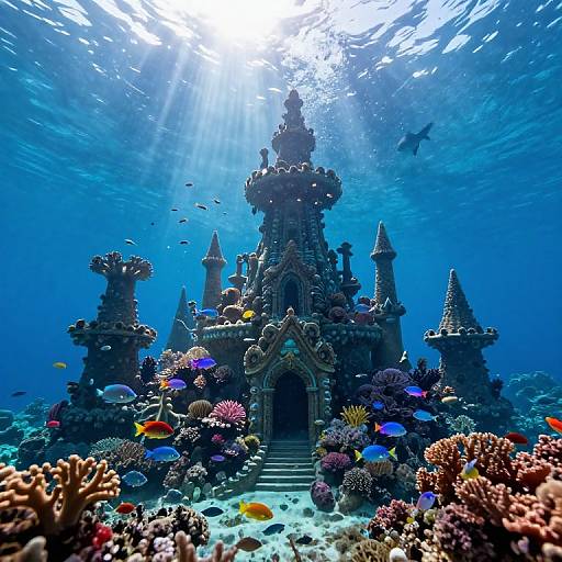 Photograph of an underwater castle surrounded by colorful fish and coral reefs, with sunlight streaming through the water's surface.