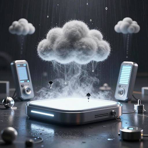 CGI image of a glowing, floating cloud above a futuristic, illuminated platform, surrounded by rain and two blue-lit devices.
