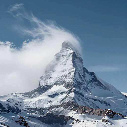 Photograph of a snow-capped mountain peak with bright sunlight illuminating its summit, casting dramatic shadows, and surrounded by a clear blue sky.