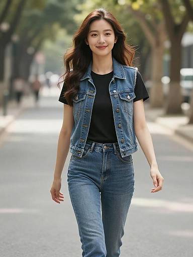 Young Woman in Denim Park Walk