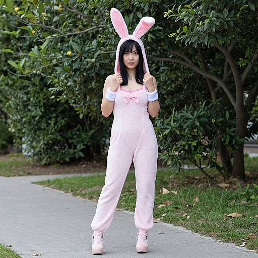 Photograph of an Asian woman in a pink bunny onesie with ears, standing on a sidewalk, surrounded by green bushes.