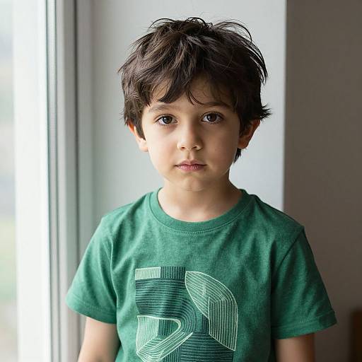 Photograph of a young boy with dark, tousled hair and large brown eyes, wearing a green 