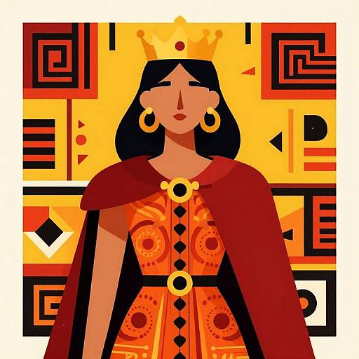 Digital illustration of a regal woman with black hair, golden crown, red cape, and orange dress, adorned with gold jewelry, against a vibrant geometric