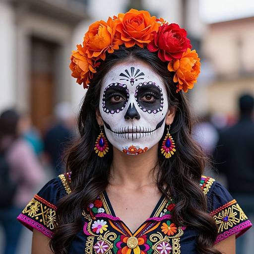 Photograph of a woman with white sugar skull face paint, orange-red flower crown, colorful embroidered dress, and vibrant earrings, in a blurred outdoor urban