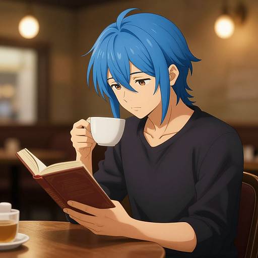 Anime Man Reading at Vintage Cafe