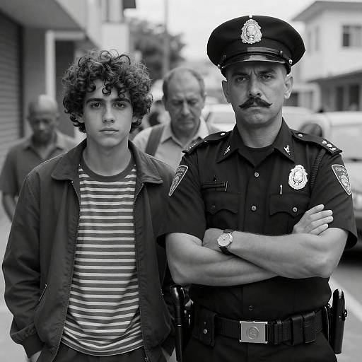 Stern Police Officer Beside Young Man