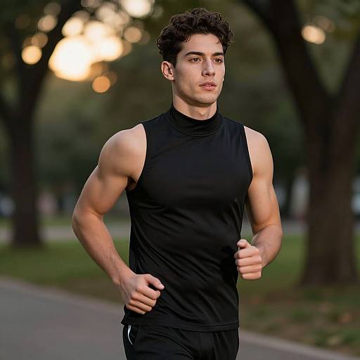 Photograph of a muscular young man with short dark hair, wearing a black sleeveless top and black shorts, running in a park with blurred trees and