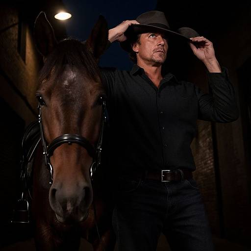 Photograph of a rugged, muscular man in black cowboy attire, adjusting his hat, standing beside a dark brown horse in a dimly lit barn.