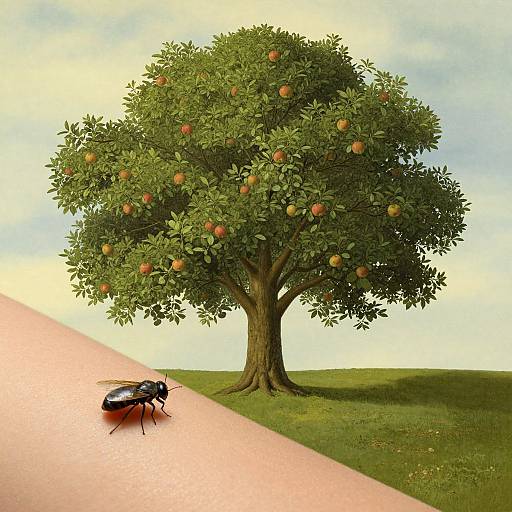 Photorealistic illustration of a solitary orange tree with ripe fruit, a black ant on a pink surface in the foreground, set against a grassy hill