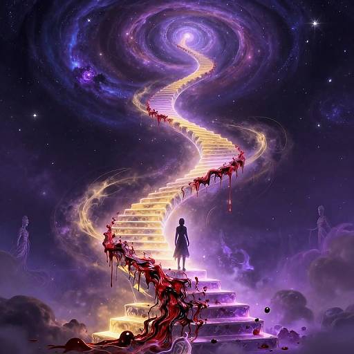 Digital art of a silhouetted figure on glowing stairs, surrounded by swirling galaxies, blood dripping from steps, starry night sky.