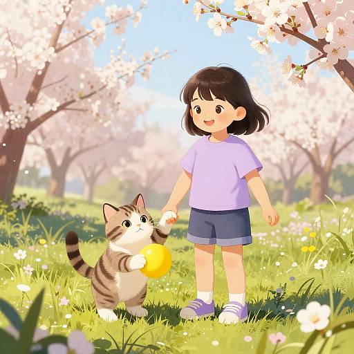 Anime-style illustration of a young girl with short black hair, wearing a purple shirt and blue shorts, playing with a cute striped kitten holding a yellow ball