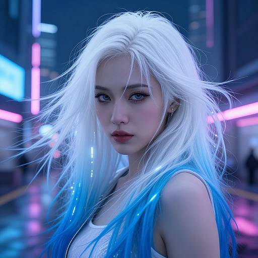 Cyberpunk-style photograph of a young woman with white and blue glowing hair, piercing blue eyes, and neon-lit cityscape background.