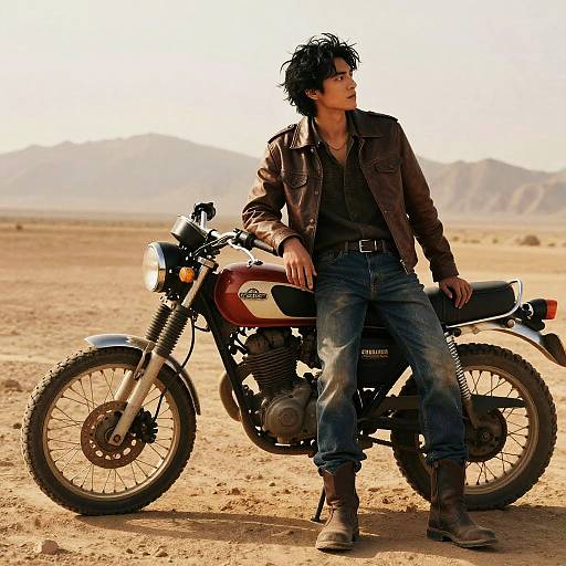 Rugged Male Model with Vintage Motorcycle