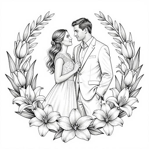 Black-and-white digital illustration of a couple standing close, surrounded by lilies. The woman wears a sleeveless dress, the man a suit, both