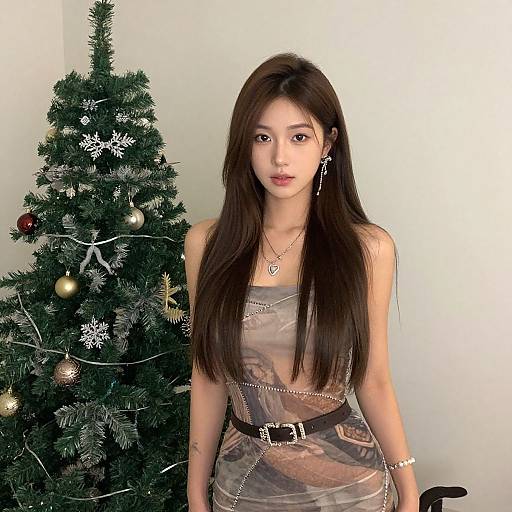 Photograph of an Asian woman with long brown hair, wearing a sheer, patterned dress, standing beside a decorated Christmas tree.