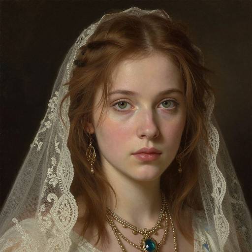 Photograph of a fair-skinned, red-haired woman with green eyes, wearing a lace veil, gold necklace with blue pendant, and earrings, against
