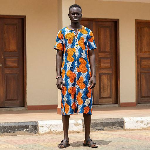 Photograph of a tall, dark-skinned African woman standing outdoors, wearing a colorful orange and blue pineapple-patterned dress and brown sandals, in front