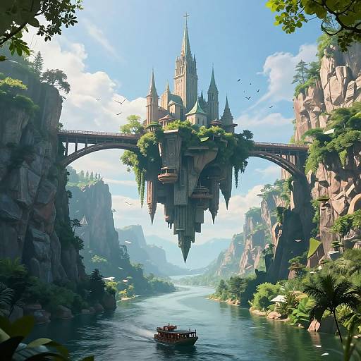 Fantasy digital painting of a floating, gothic castle bridge spanning a lush, canyon river with a small boat below, bright blue sky, and verd