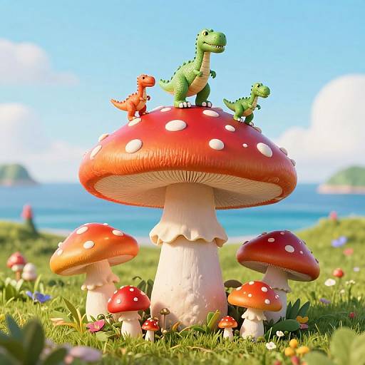 Photorealistic CGI: Three small, colorful dinosaurs (green, orange, green) standing on a large red-spotted mushroom, surrounded by more mushrooms