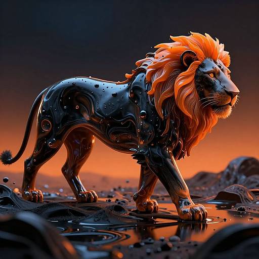 Digital art of a sleek, shiny black lion with a vibrant orange mane, standing in a reflective, rocky landscape at sunset.