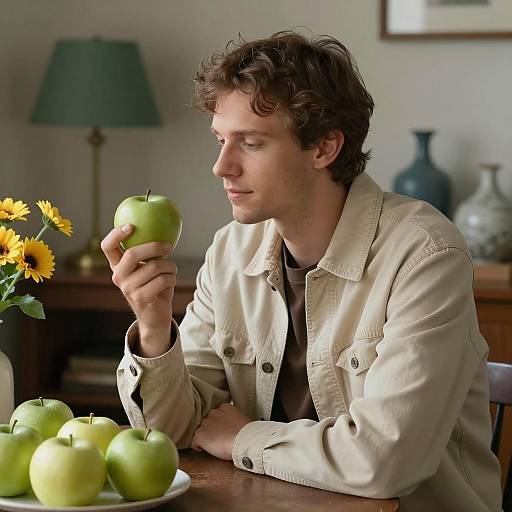Man Examining Green Apple in Dim Light