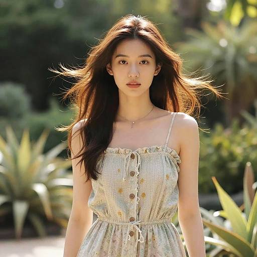 Photograph of an Asian woman with long brown hair, wearing a light, floral, button-up sundress, standing in a sunlit garden with green