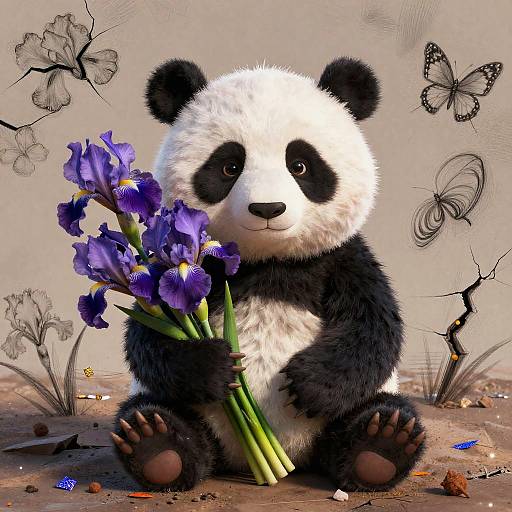 Tim Burton Style Panda with Iris Bouquet