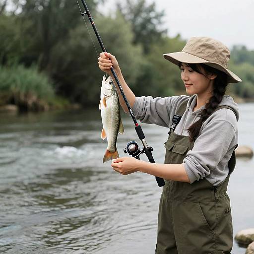 Woman Fishing in River Scene