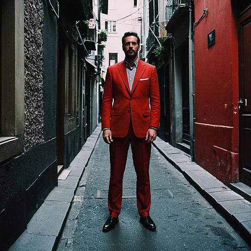 Man in Red Suit on Street