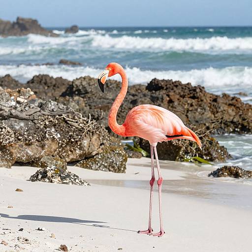 Photograph of a vibrant pink flamingo standing on a sandy beach with rocky outcrops and waves crashing in the background.